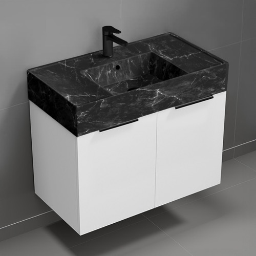 Nameeks DERIN997 32 Inch Bathroom Vanity With Black Marble Design Sink, Modern, Wall Mount, Glossy White